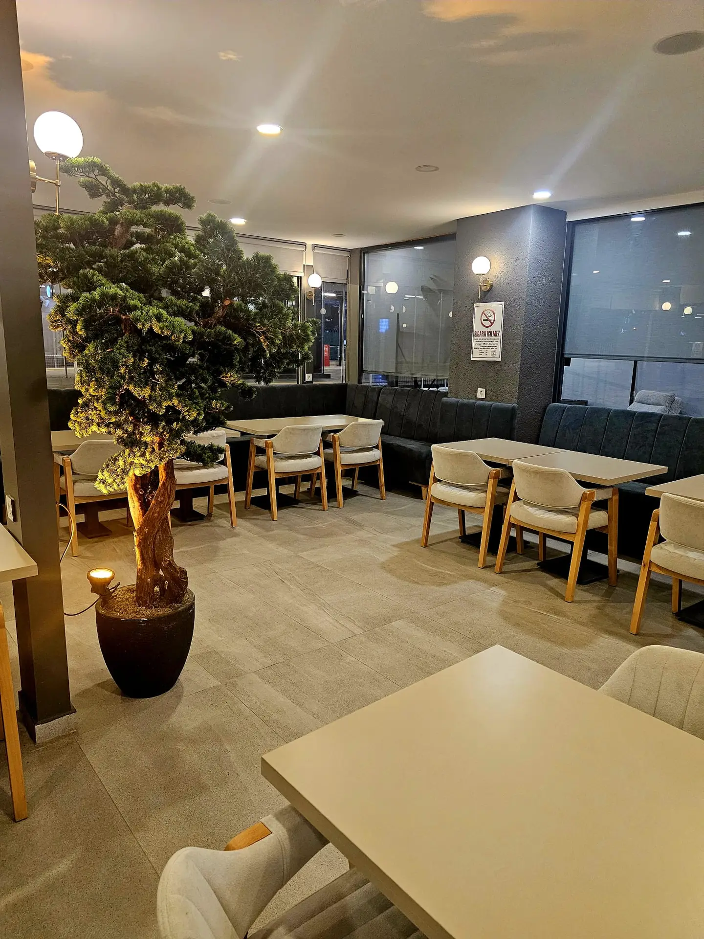 Bonzai ağacı ve rahat koltuklarla oturma köşesi